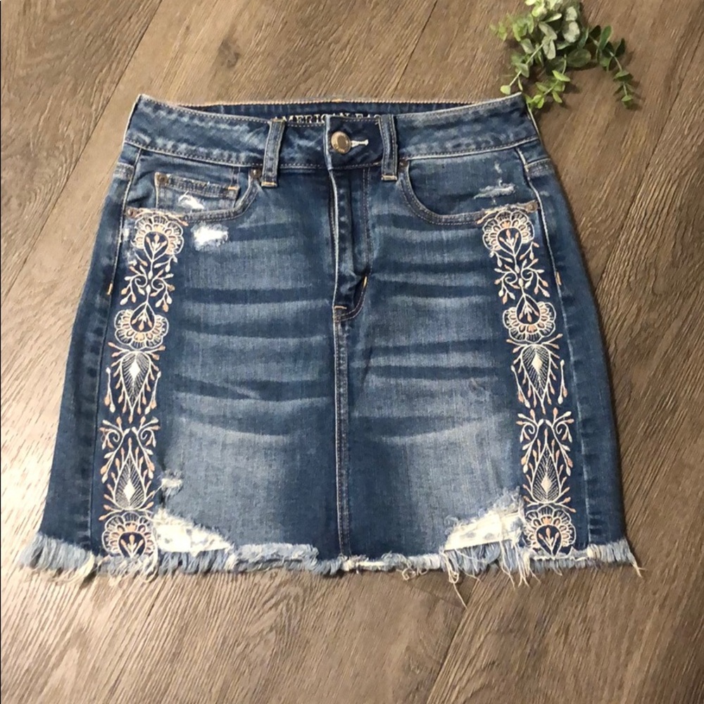 American Eagle Embroidered Denim Mini Skirt